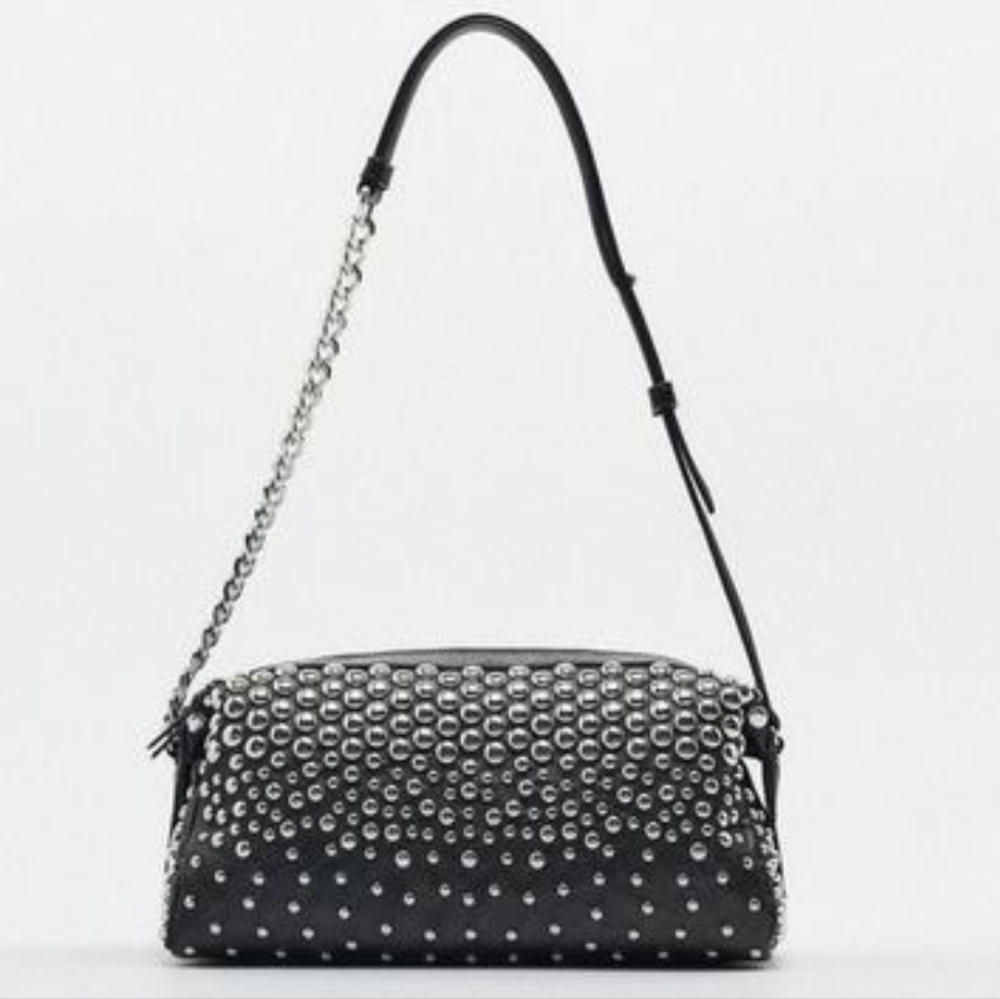 Zara Black Studded Shoulder Bag with Silver Accents